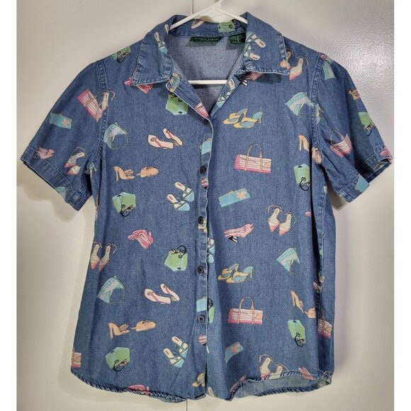 Lemon Grass Tops - VTG LEMON GRASS Denim Shirt Women's Small Print Shoes Purses Novelty Granny